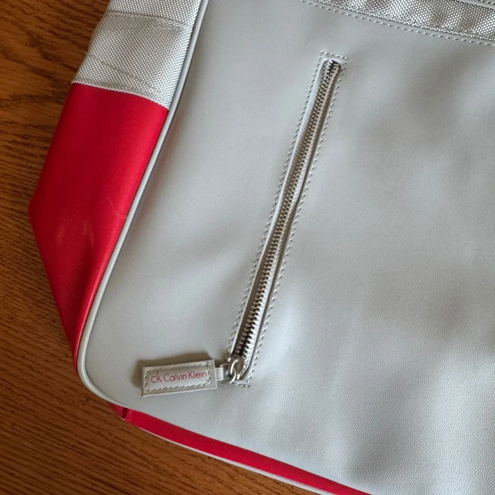 Calvin Klein CK Grey and Red Colorblock Duffel Travel Bag with Shoulder Strap